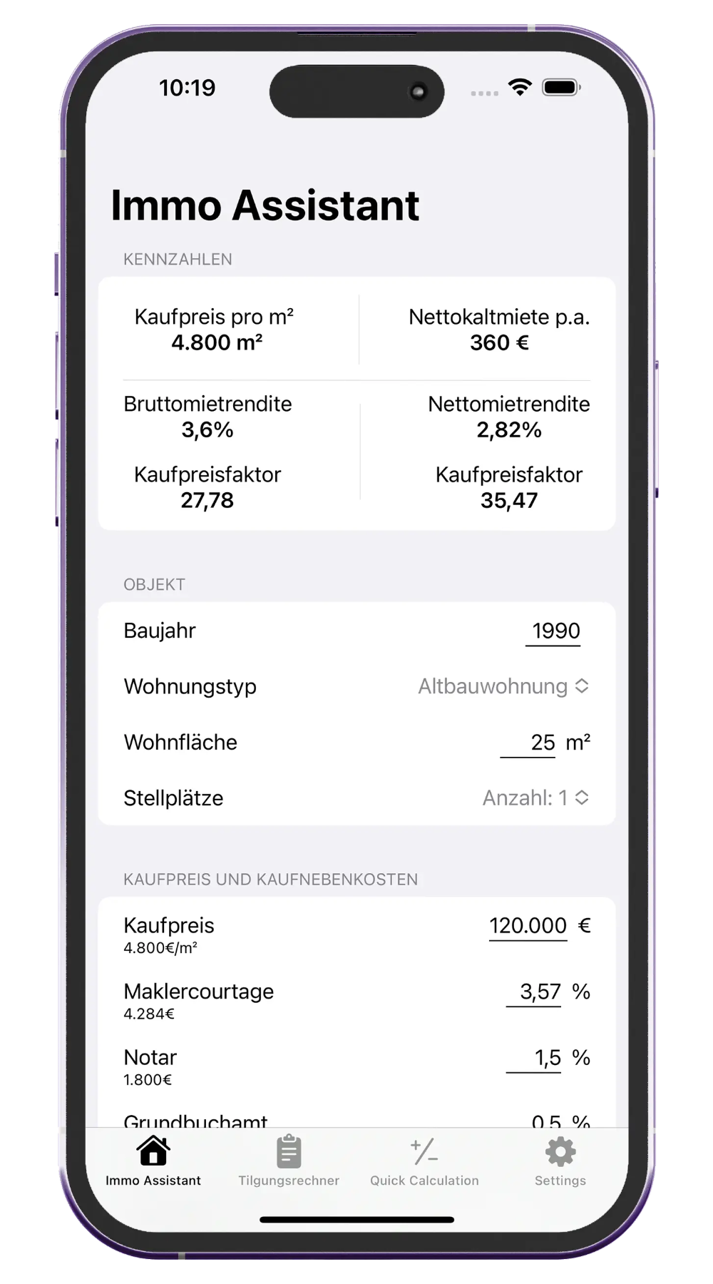Immo Assistant App mit Immobilien-Kennzahlen